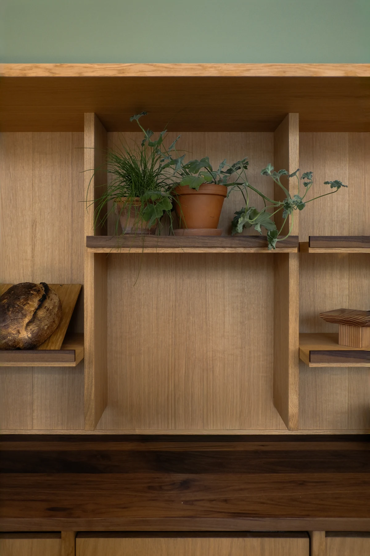 Detail of the oak shelving with potted herbs above a walnut counter