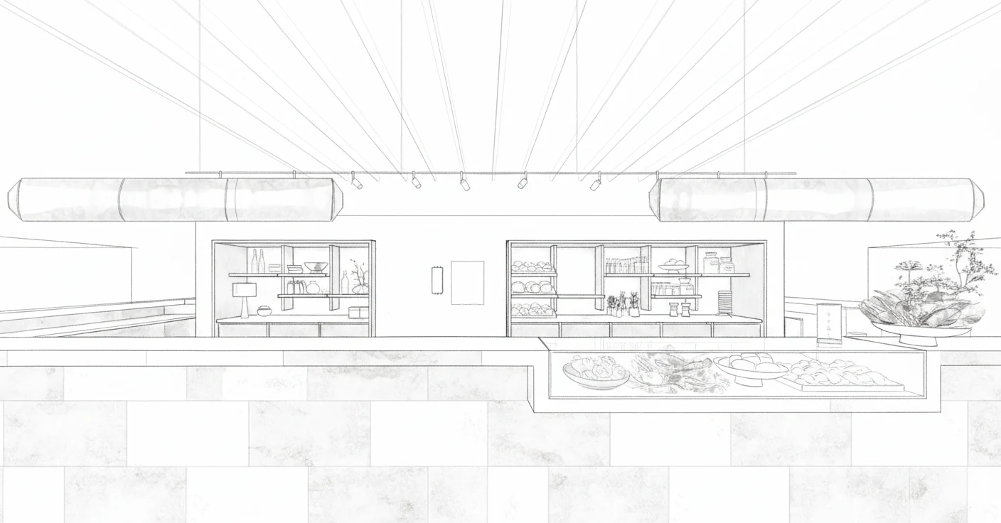 Design sketch of the reception desk and display system drawn in elevation