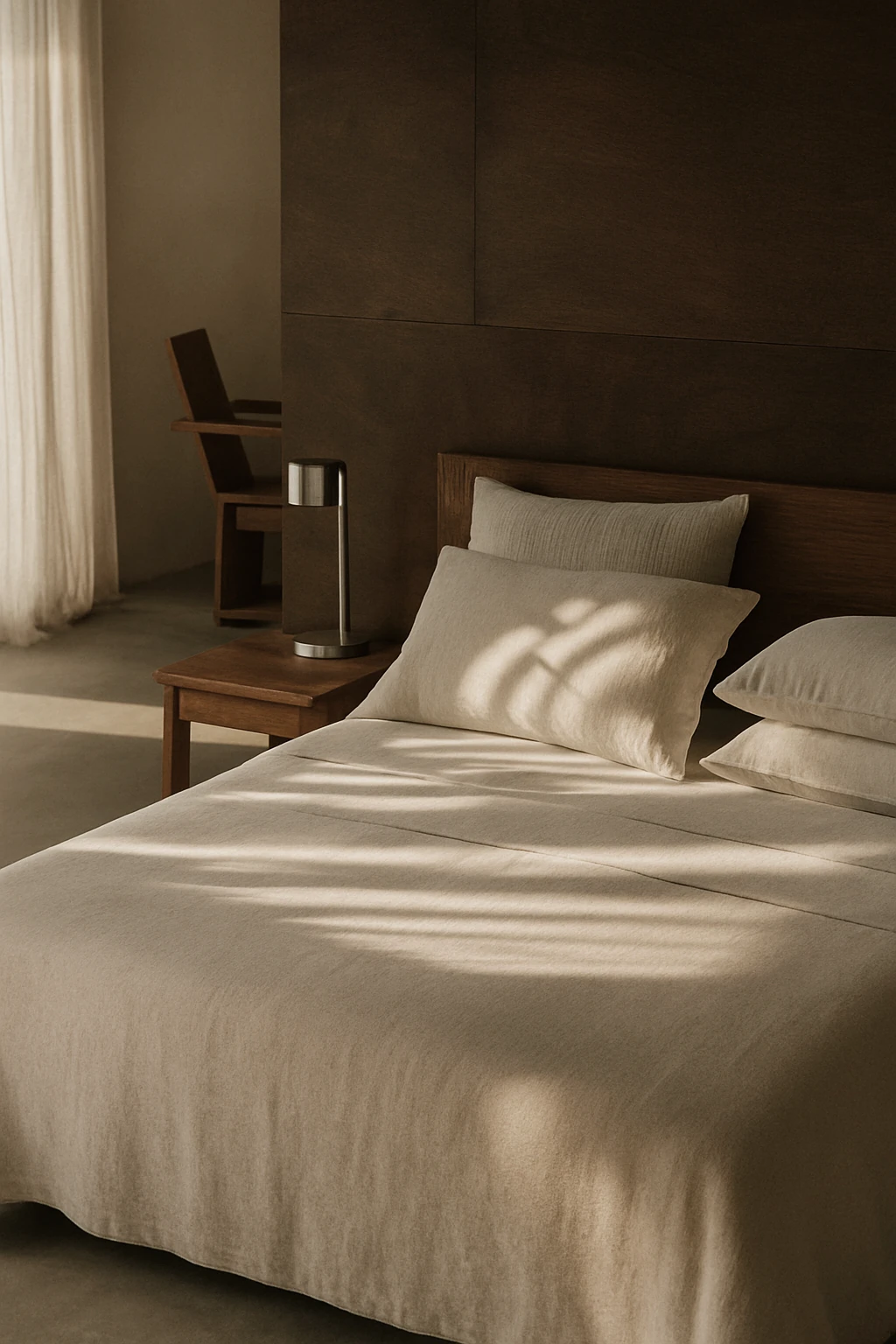 Linen-dressed bed in soft morning light against a dark plaster wall