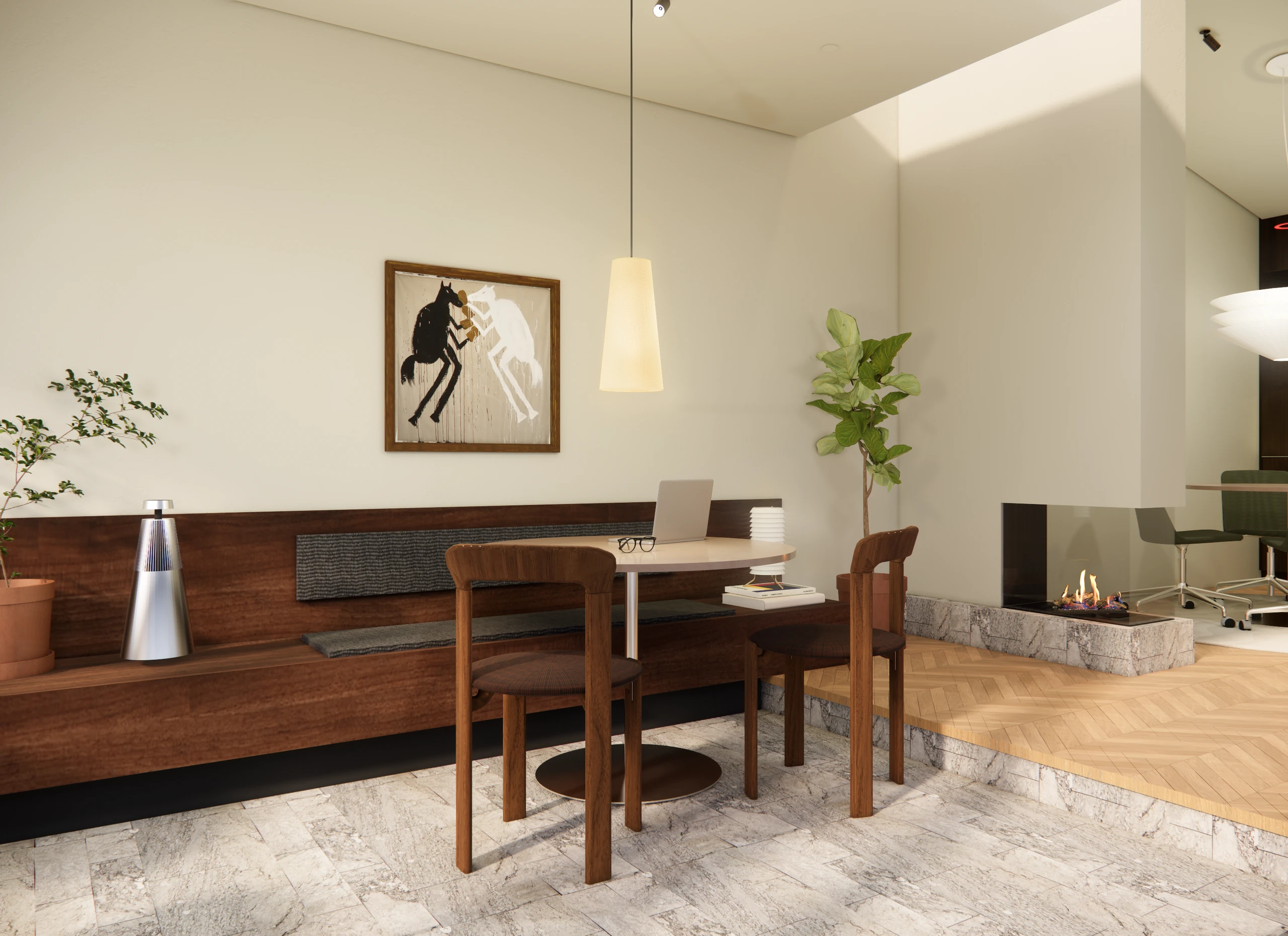 Rendering of the café area with a timber banquette, dining chairs and artwork
