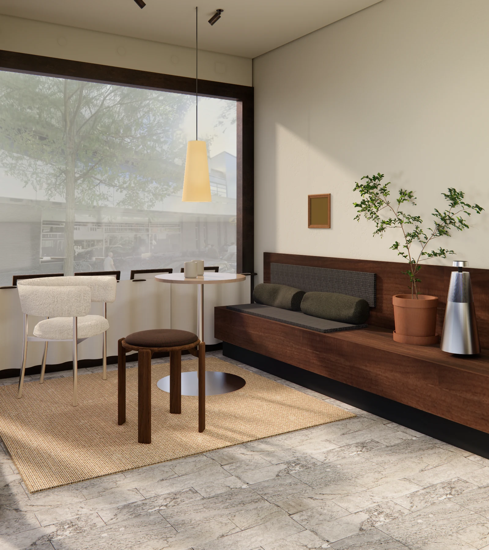 Rendering of the café lounge with upholstered chairs beside a full-height window