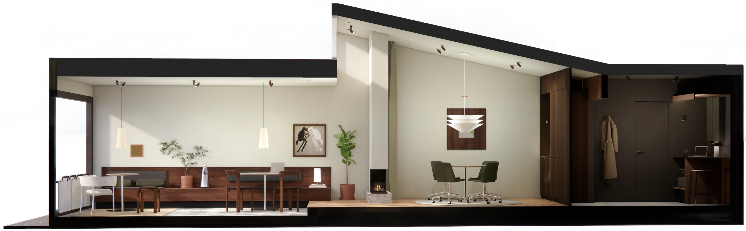 Long section rendering showing the café, lounge and meeting areas