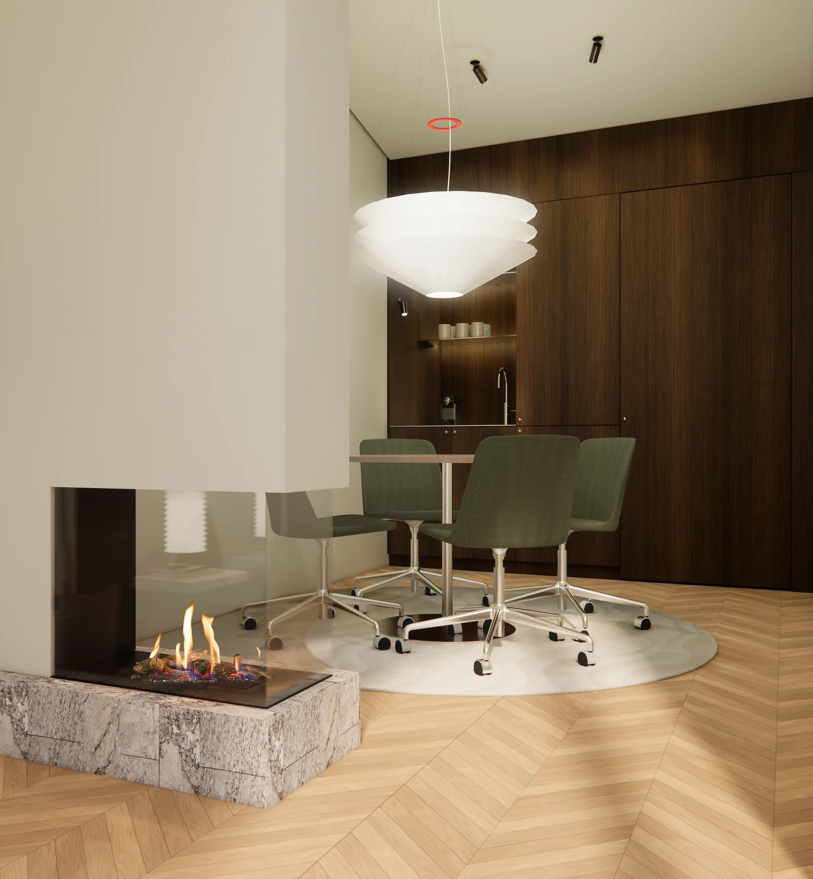 Rendering of the meeting room with green chairs, a fireplace and herringbone flooring